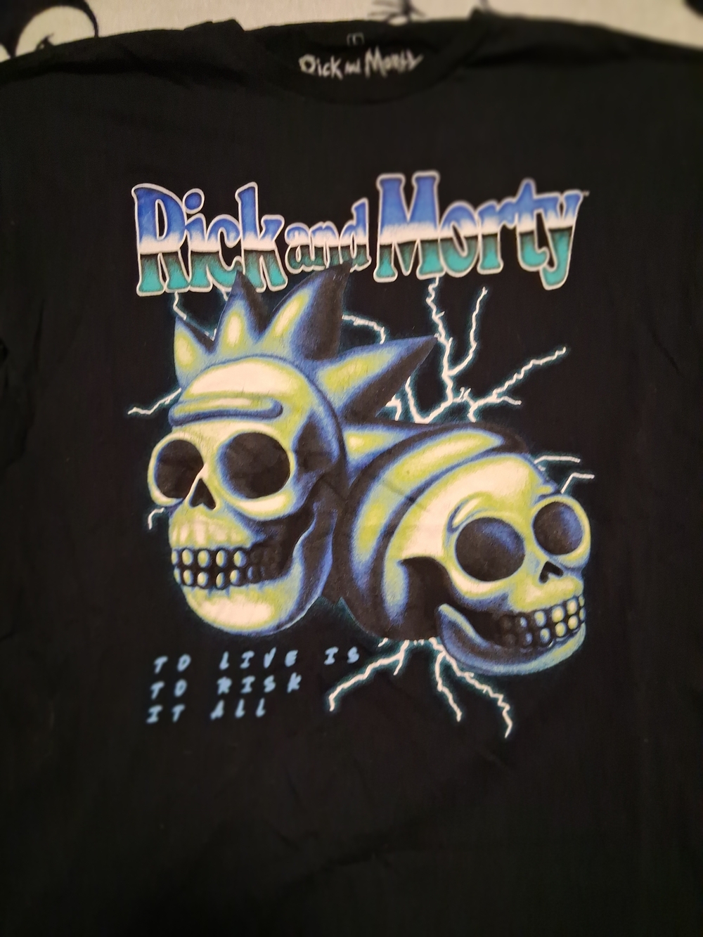 Rick and Morty Mens Black Graphic Tee with Neon Skull Design
